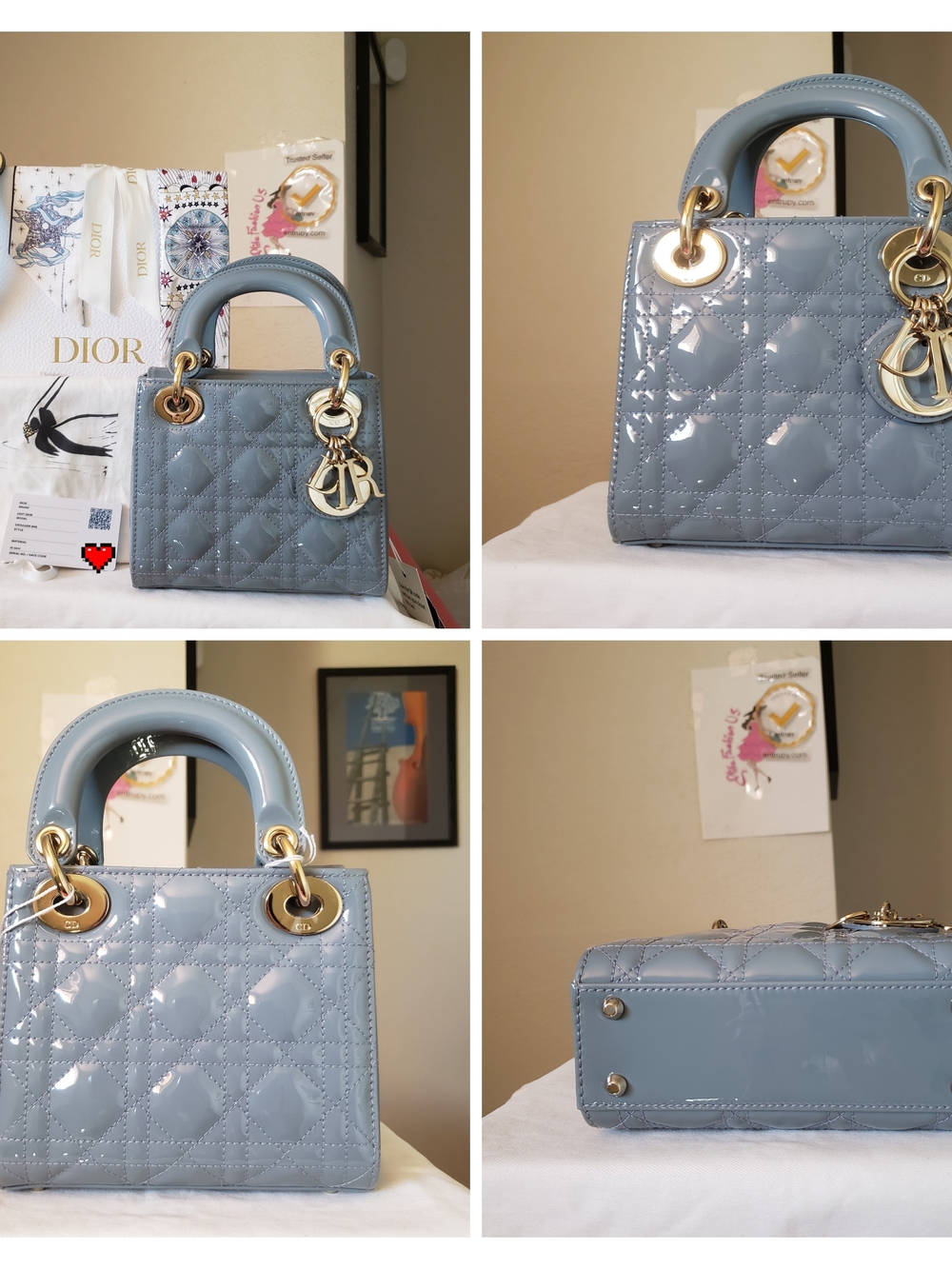 Dior Patent Lady Dior Mini Tote - Powder Blue with Gold Hardware